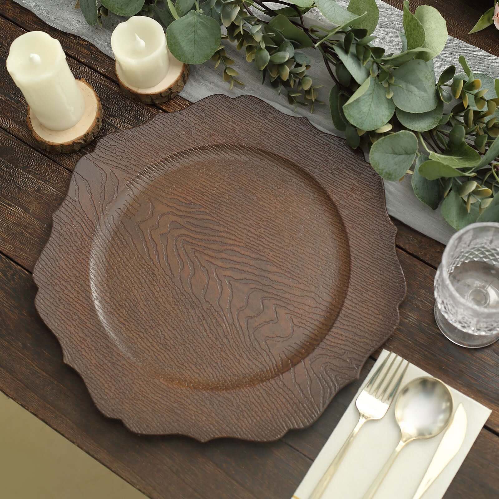 6-Pack Acrylic Charger Plates 13" Round Rustic Brown with Wood Grain Scalloped Rim - Dinner Charger Tableware - Image 6