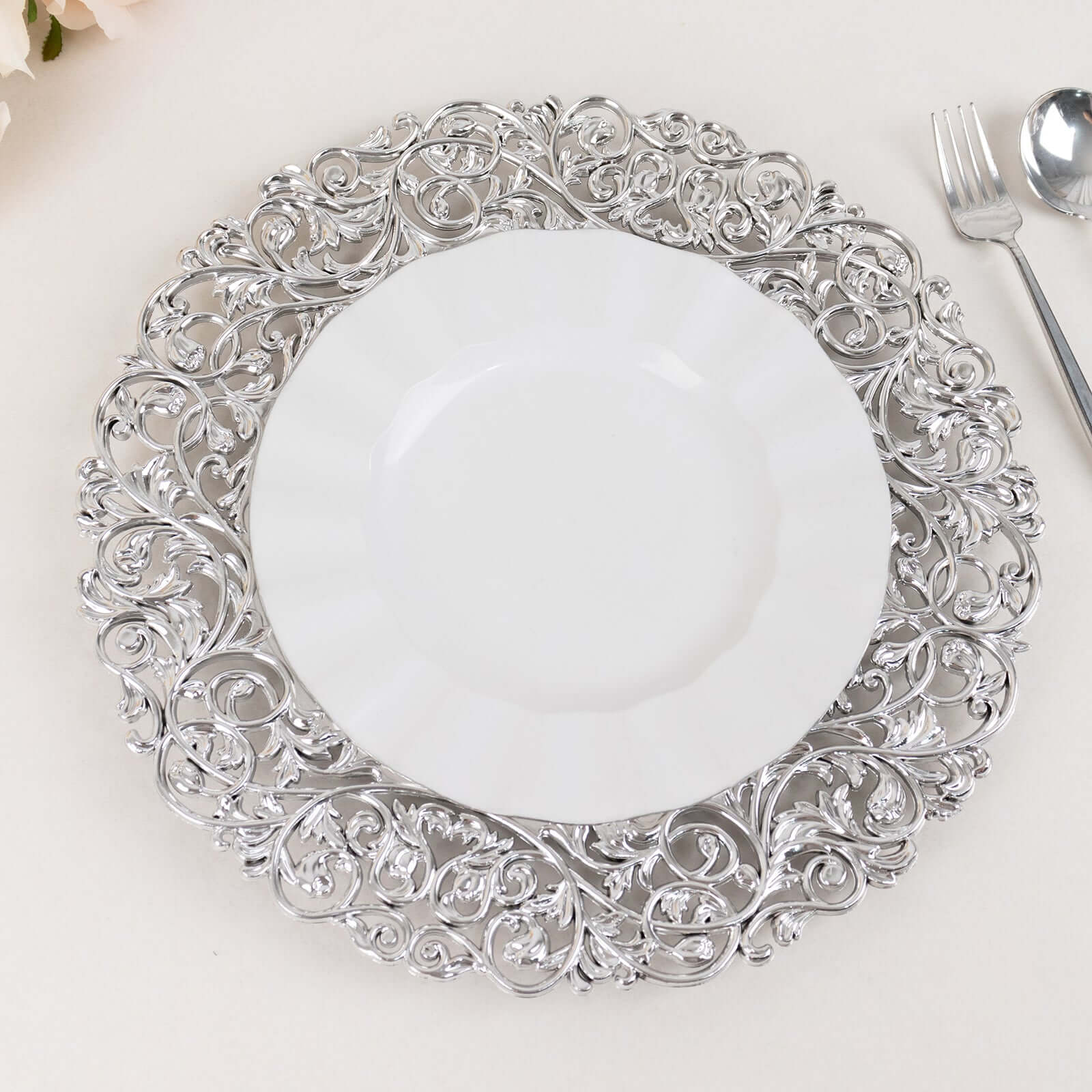 6-Pack Acrylic Charger Plates 13" Round Silver with Vintage Floral Carved Rim - Event Tabletop Decorative Charger Tableware - Image 4